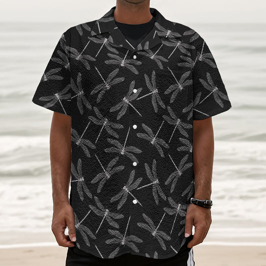 Silver Dragonfly Pattern Print Textured Short Sleeve Shirt
