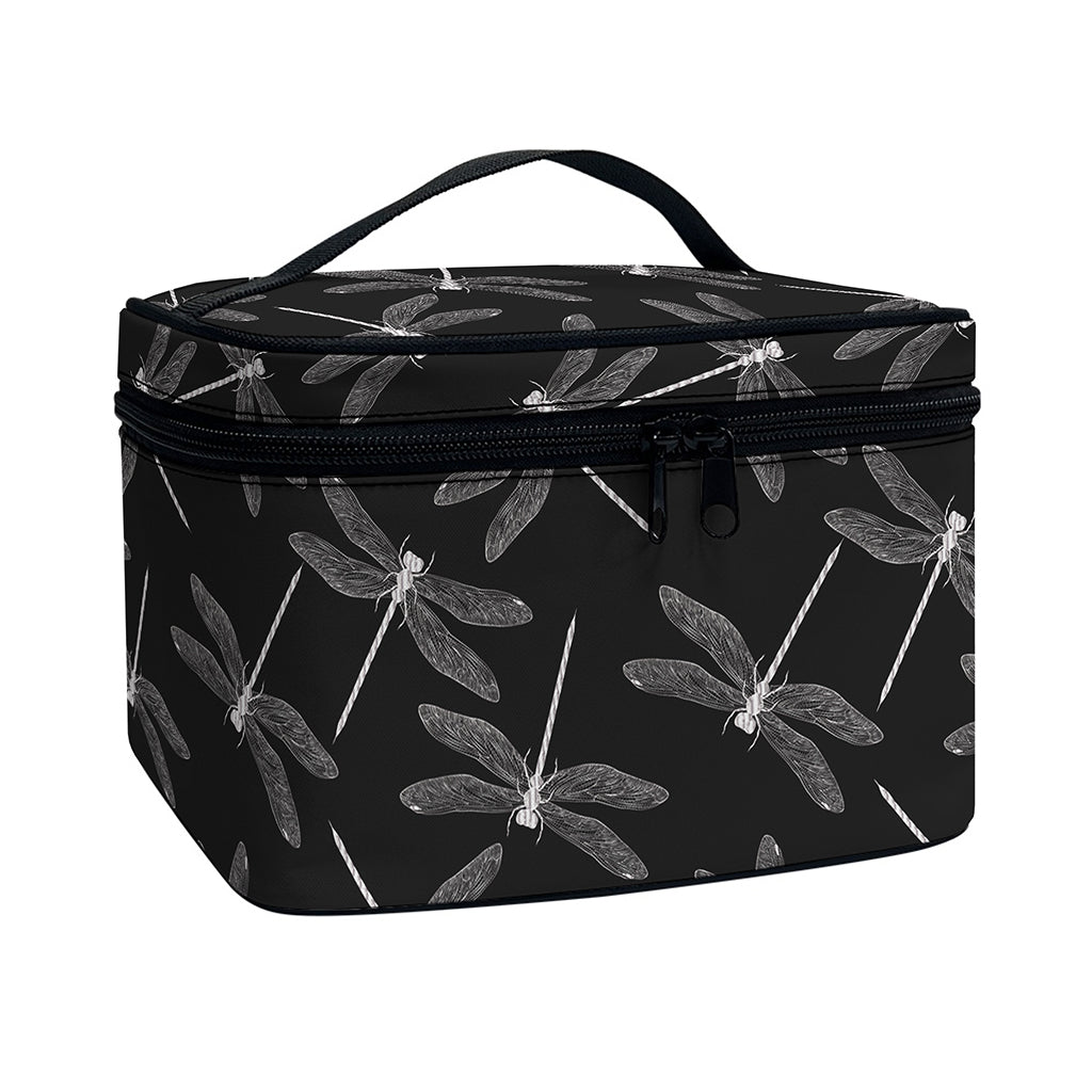 Silver Dragonfly Pattern Print Travel Makeup Bag