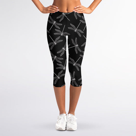 Silver Dragonfly Pattern Print Women's Capri Leggings
