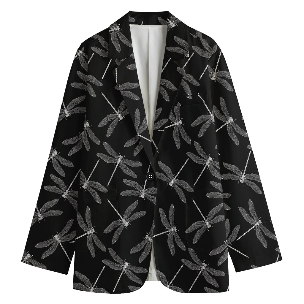 Silver Dragonfly Pattern Print Women's Cotton Blazer