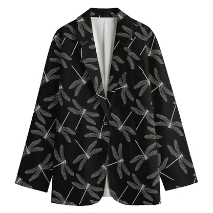 Silver Dragonfly Pattern Print Women's Cotton Blazer