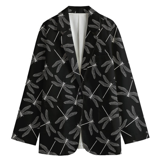 Silver Dragonfly Pattern Print Women's Cotton Blazer