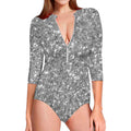 Silver (NOT Real) Glitter Print Long Sleeve Swimsuit