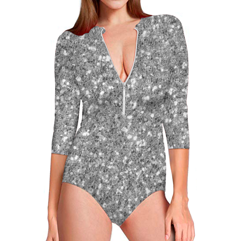 Silver Glitter Artwork Print (NOT Real Glitter) Long Sleeve Swimsuit