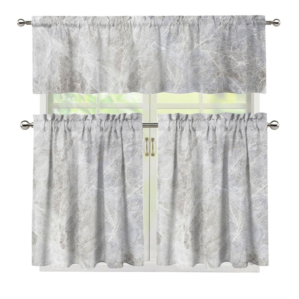 Silver Grey Marble Print 3 Piece Kitchen Curtains