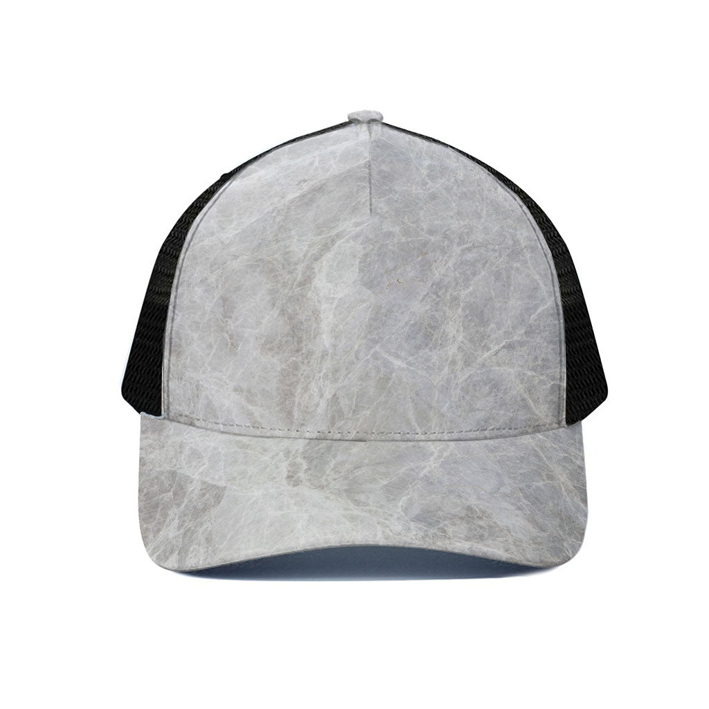 Silver Grey Marble Print Black Mesh Trucker Cap