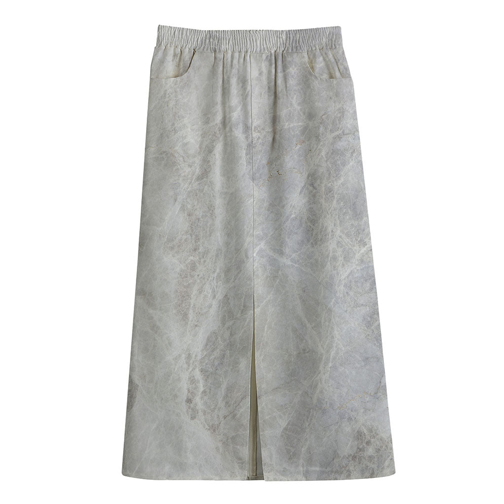 Silver Grey Marble Print Cotton Front Slit Maxi Skirt