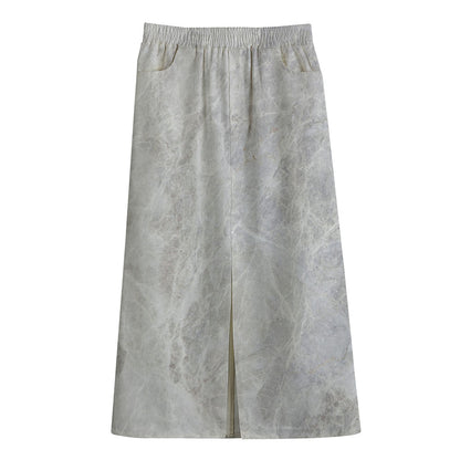 Silver Grey Marble Print Cotton Front Slit Maxi Skirt