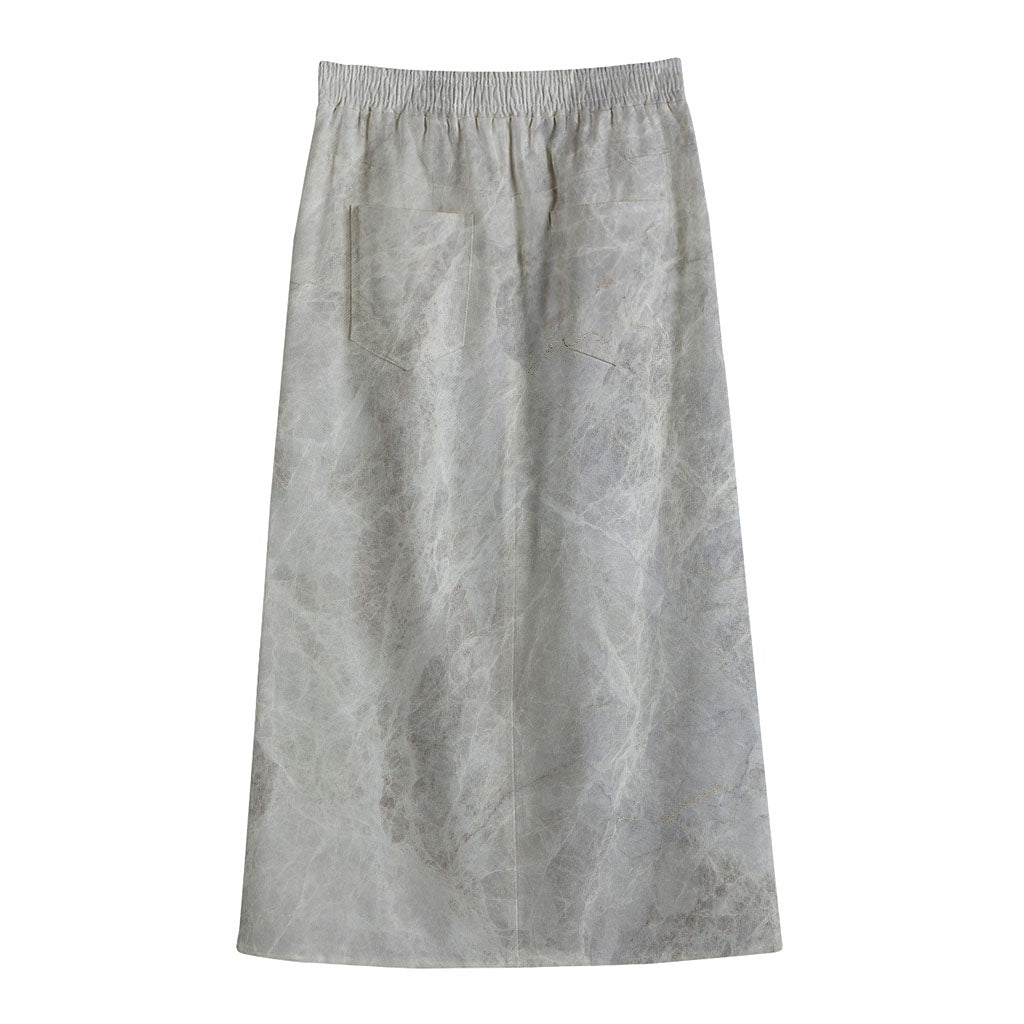 Silver Grey Marble Print Cotton Front Slit Maxi Skirt