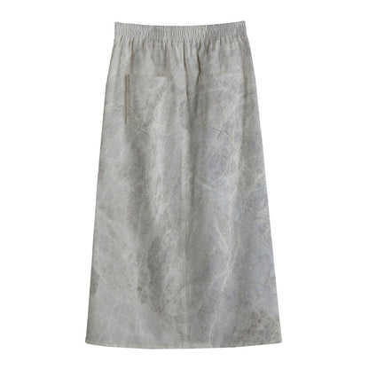 Silver Grey Marble Print Cotton Front Slit Maxi Skirt
