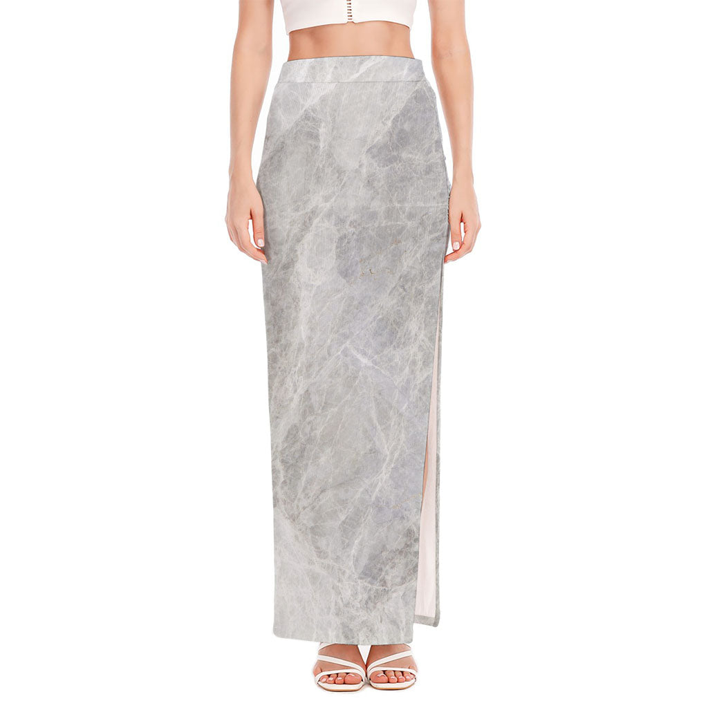 Silver Grey Marble Print High Slit Maxi Skirt