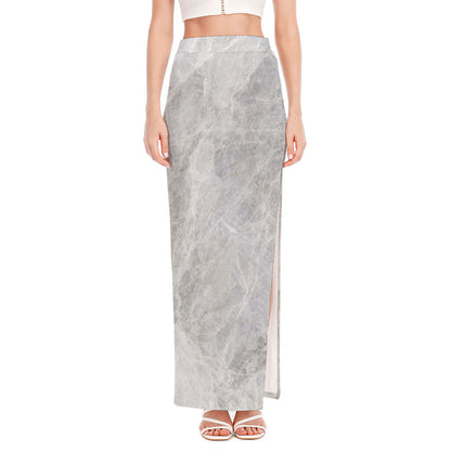 Silver Grey Marble Print High Slit Maxi Skirt