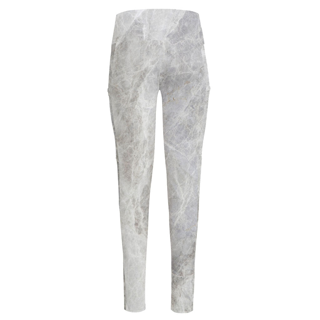 Silver Grey Marble Print High-Waisted Pocket Leggings