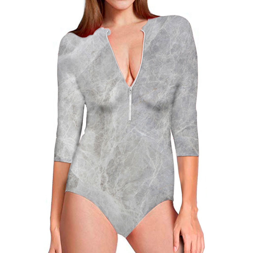 Silver Grey Marble Print Long Sleeve Swimsuit