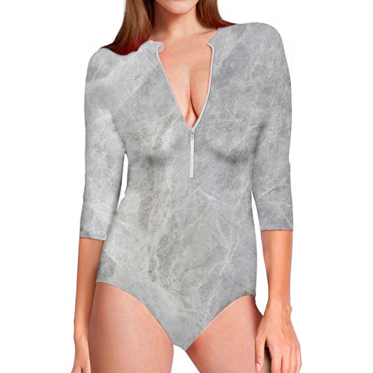 Silver Grey Marble Print Long Sleeve Swimsuit