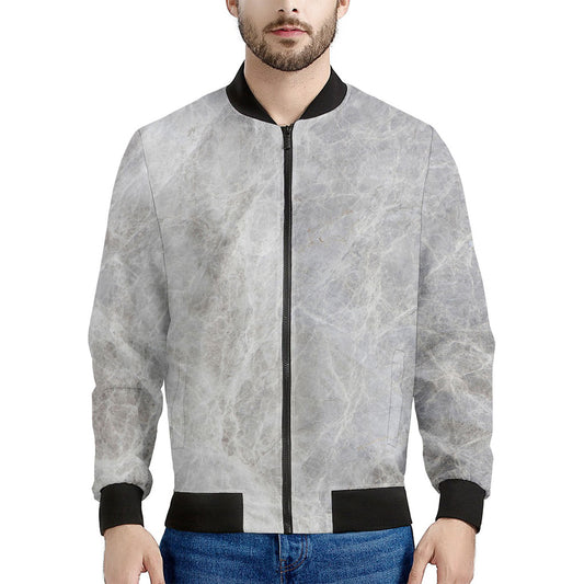 Silver Grey Marble Print Men's Bomber Jacket