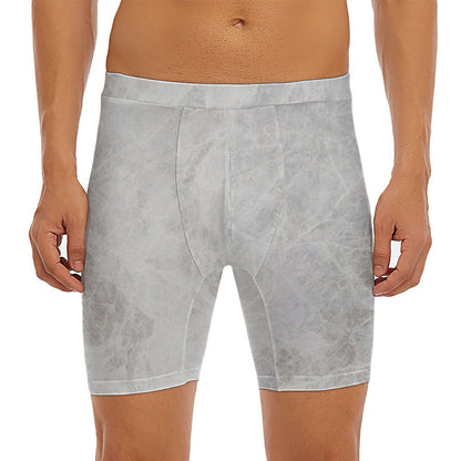 Silver Grey Marble Print Men's Long Boxer Briefs