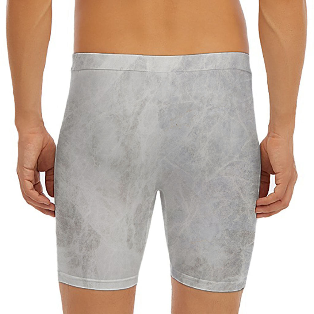 Silver Grey Marble Print Men's Long Boxer Briefs