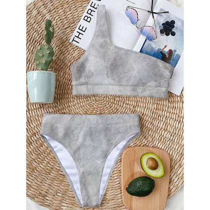 Silver Grey Marble Print One Shoulder Bikini Top