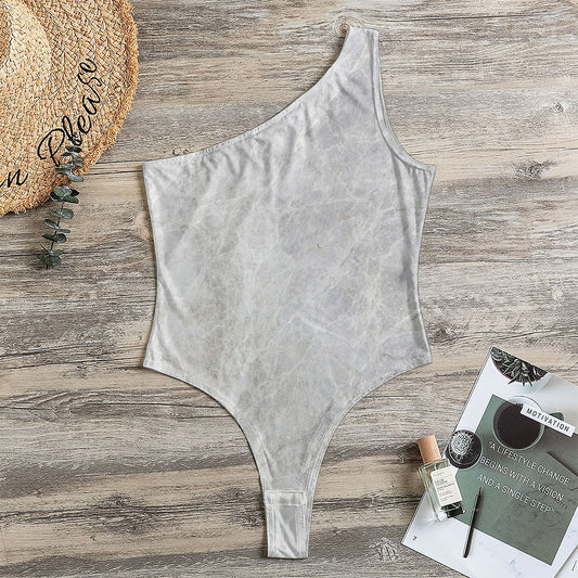 Silver Grey Marble Print One Shoulder Bodysuit