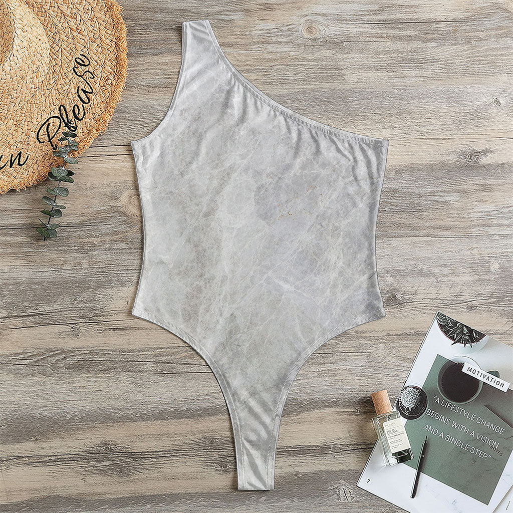Silver Grey Marble Print One Shoulder Bodysuit
