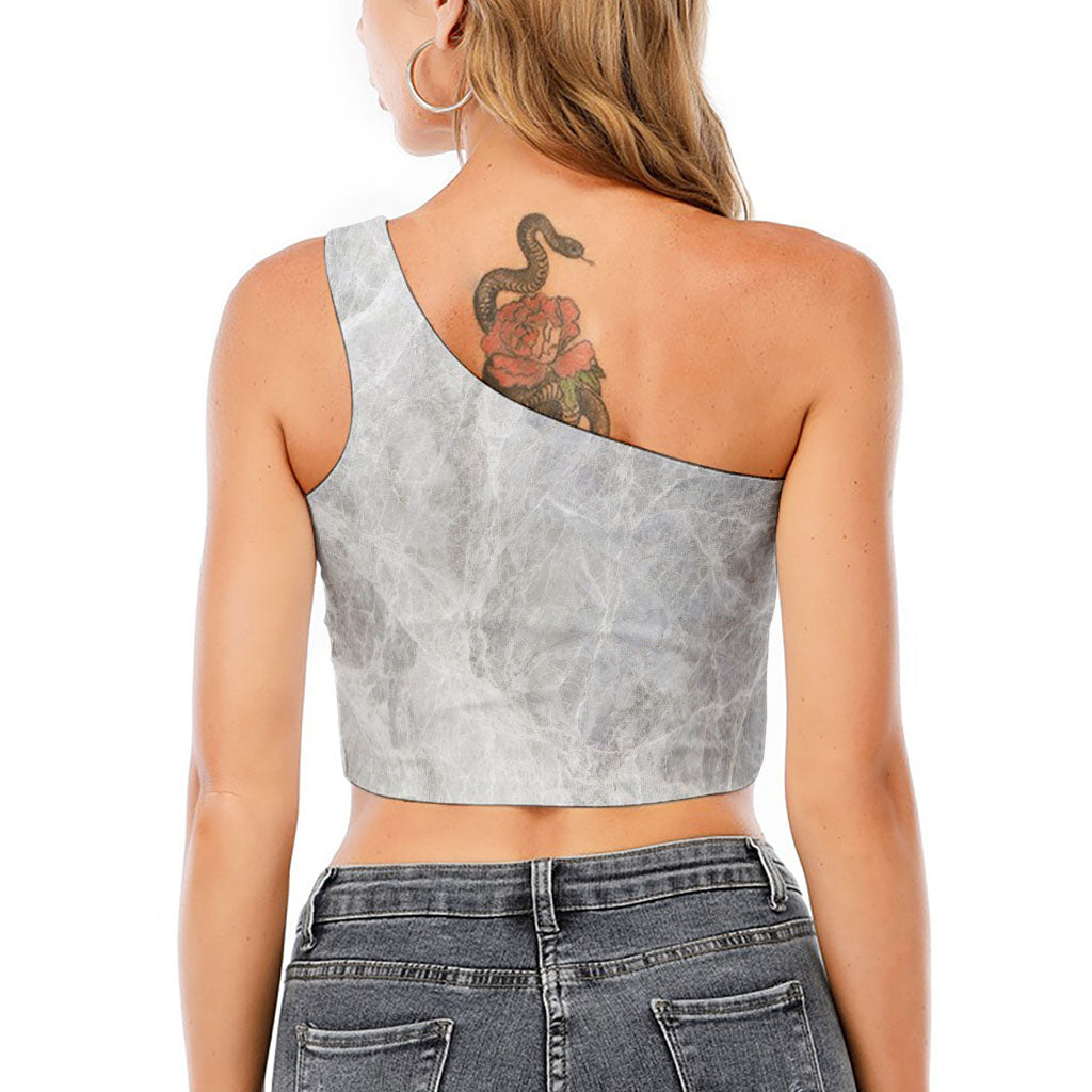 Silver Grey Marble Print One Shoulder Crop Top