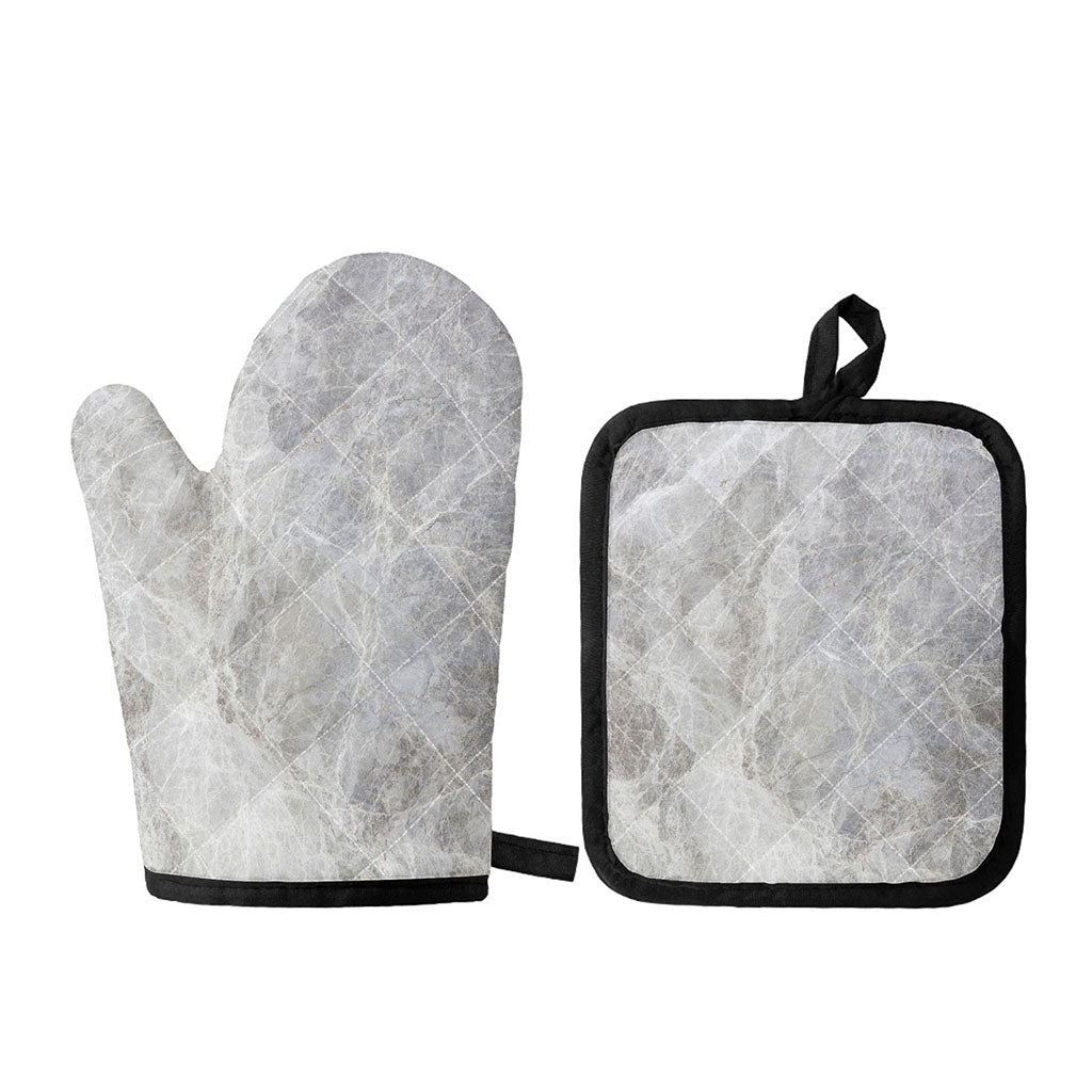 Silver Grey Marble Print Oven Mitt And Pot Holder Set
