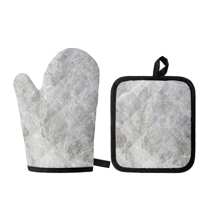 Silver Grey Marble Print Oven Mitt And Pot Holder Set