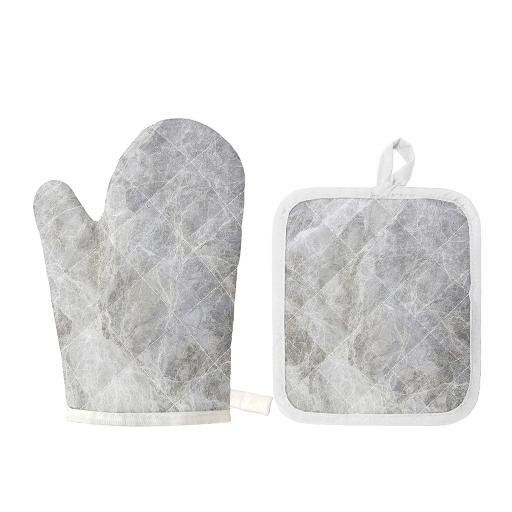 Silver Grey Marble Print Oven Mitt And Pot Holder Set