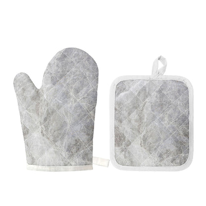 Silver Grey Marble Print Oven Mitt And Pot Holder Set