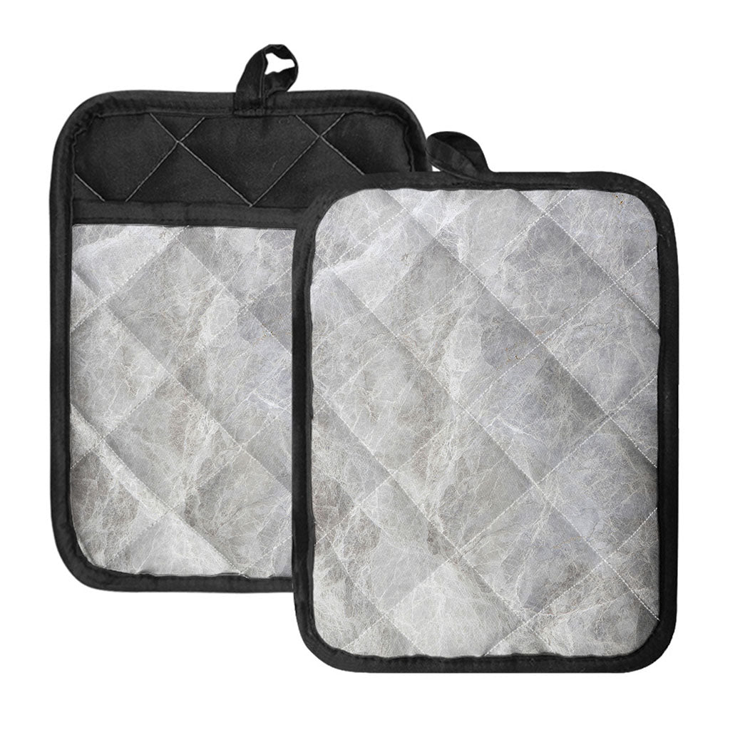 Silver Grey Marble Print Pot Holders With Pocket