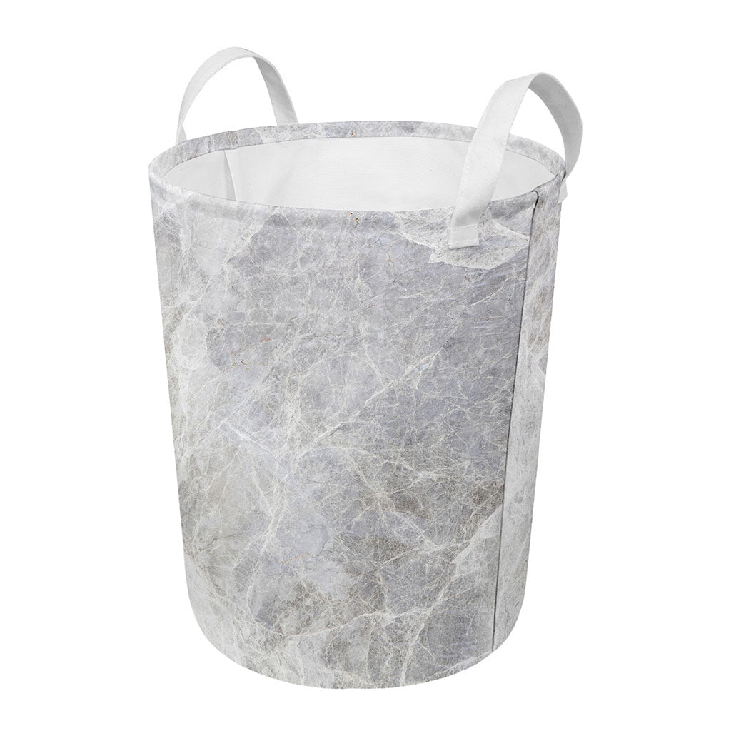 Silver Grey Marble Print Round Laundry Basket