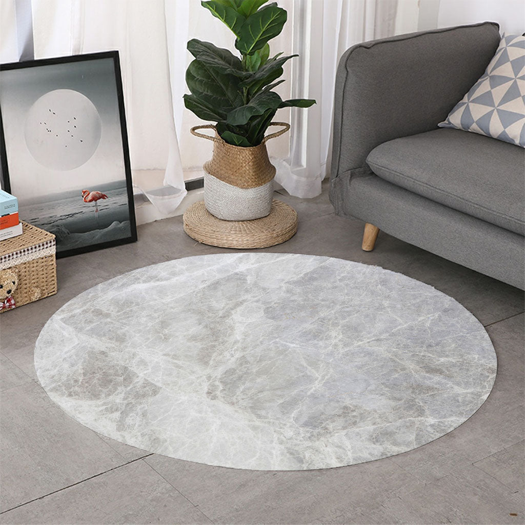 Silver Grey Marble Print Round Rug