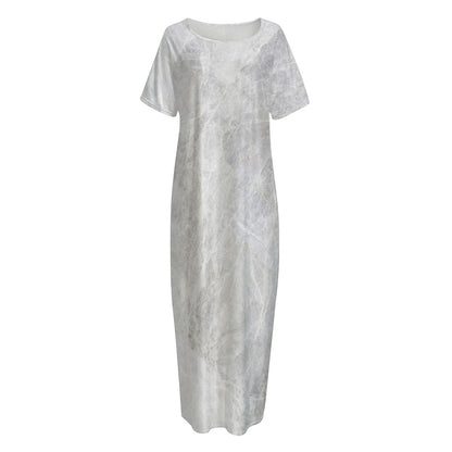 Silver Grey Marble Print Short Sleeve Long Nightdress