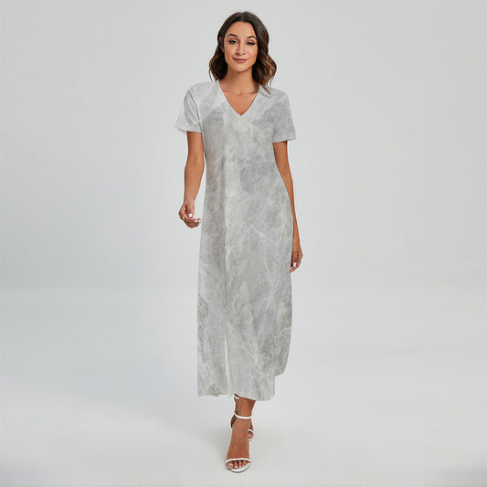 Silver Grey Marble Print Short Sleeve Maxi Dress