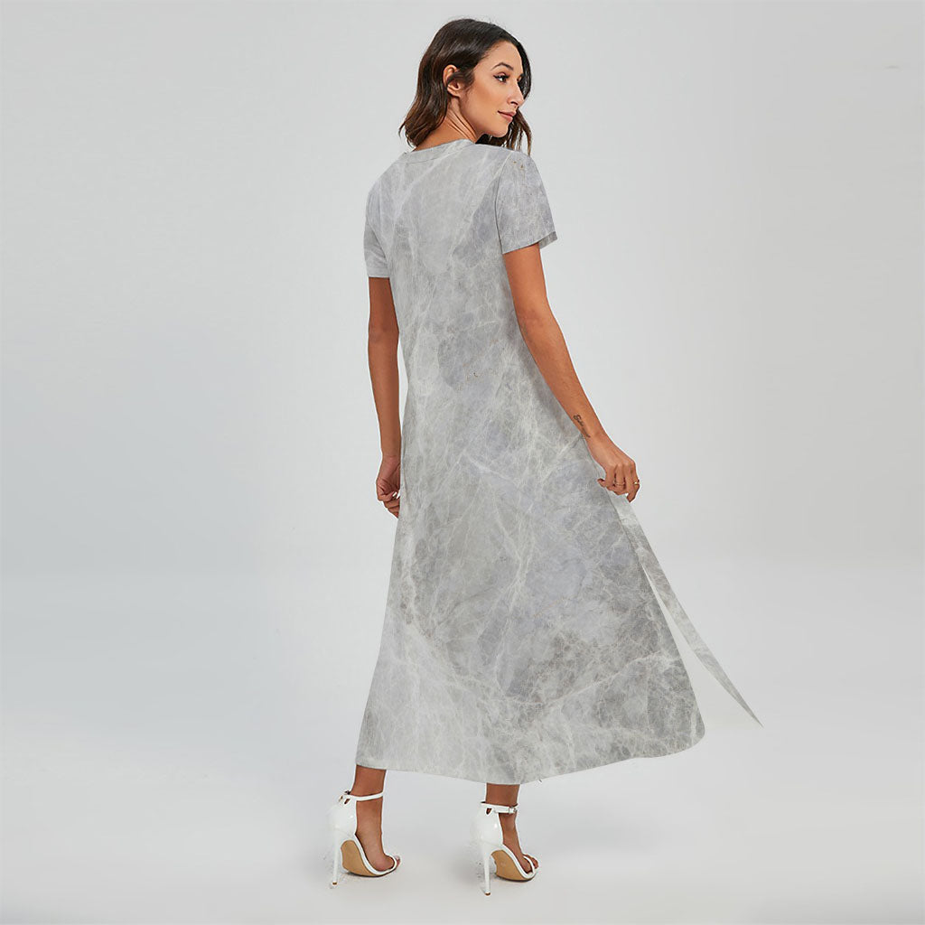 Silver Grey Marble Print Short Sleeve Maxi Dress