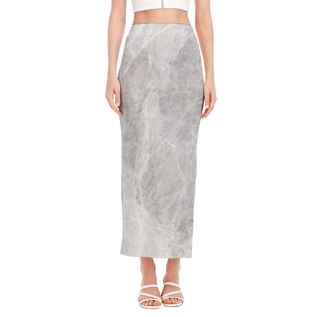 Silver Grey Marble Print Side Slit Maxi Skirt