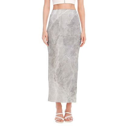 Silver Grey Marble Print Side Slit Maxi Skirt