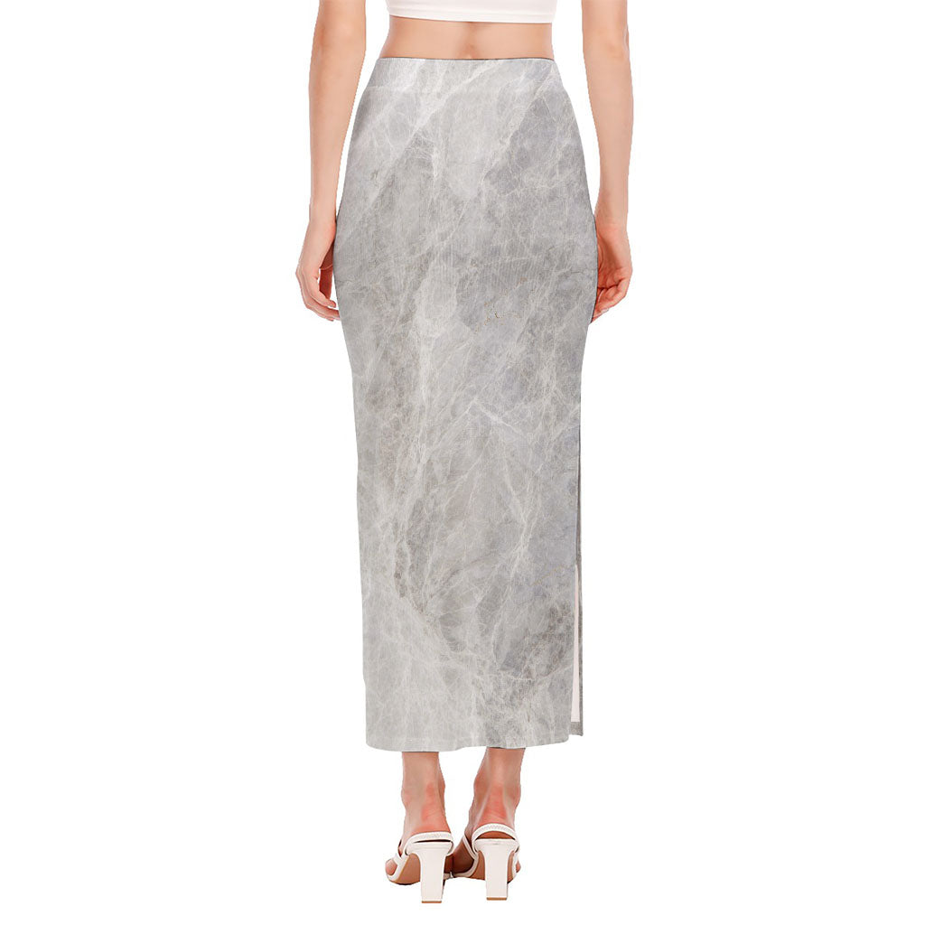 Silver Grey Marble Print Side Slit Maxi Skirt