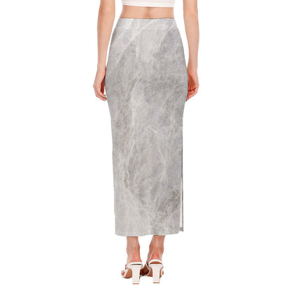 Silver Grey Marble Print Side Slit Maxi Skirt