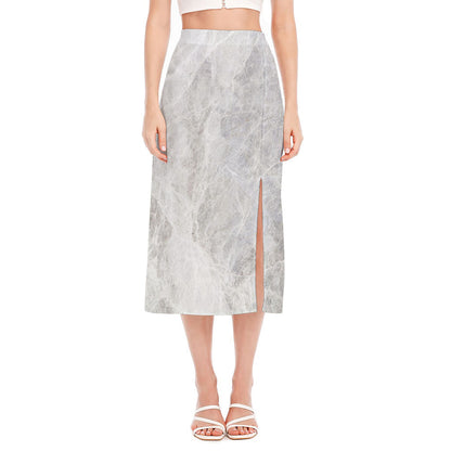 Silver Grey Marble Print Side Slit Midi Skirt