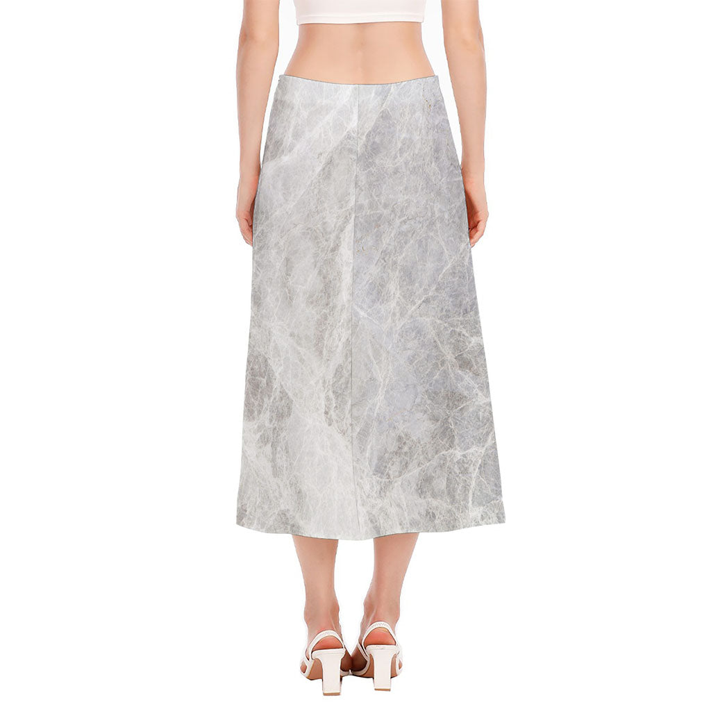 Silver Grey Marble Print Side Slit Midi Skirt