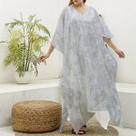 Silver Grey Marble Print Silk V-Neck Kaftan Dress