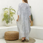 Silver Grey Marble Print Silk V-Neck Kaftan Dress