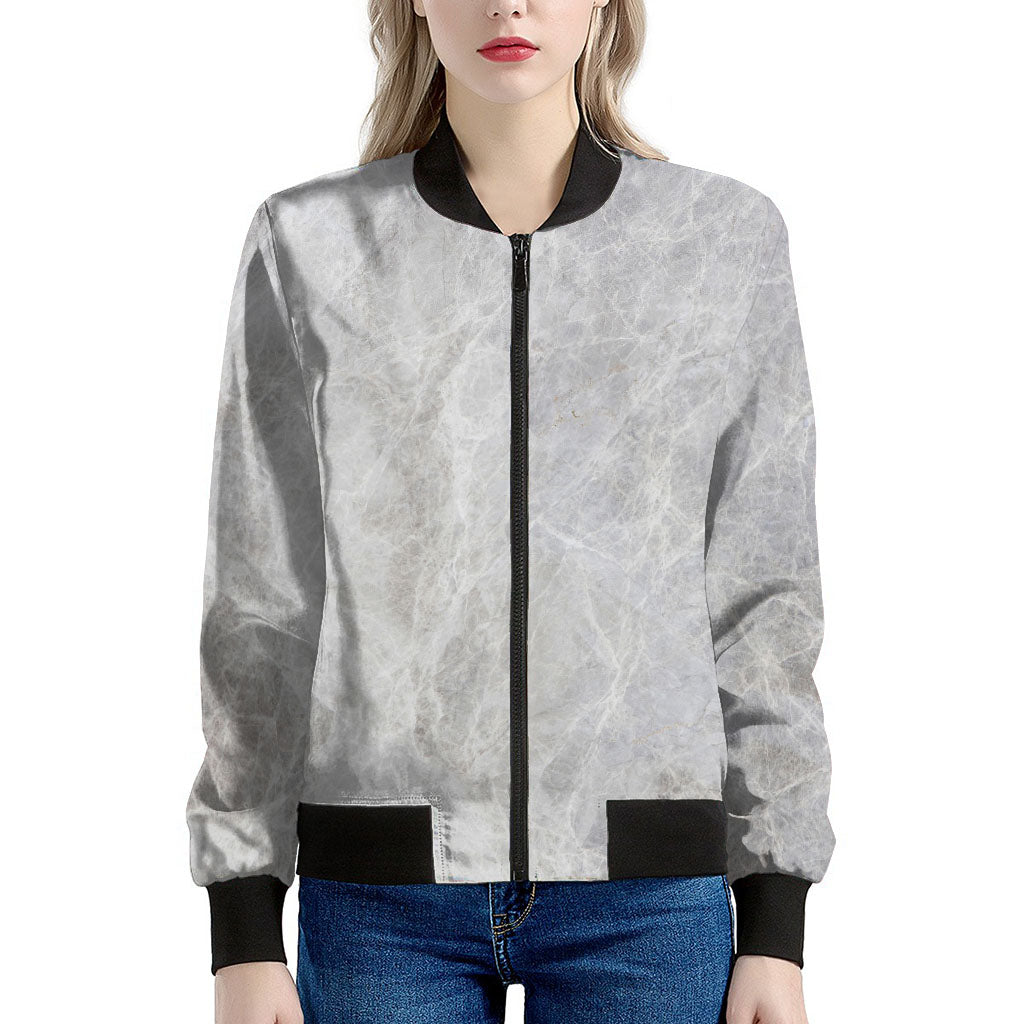 Silver Grey Marble Print Women's Bomber Jacket