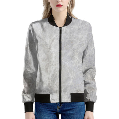 Silver Grey Marble Print Women's Bomber Jacket