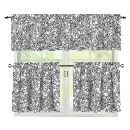 Silver (NOT Real) Glitter Print 3 Piece Kitchen Curtains