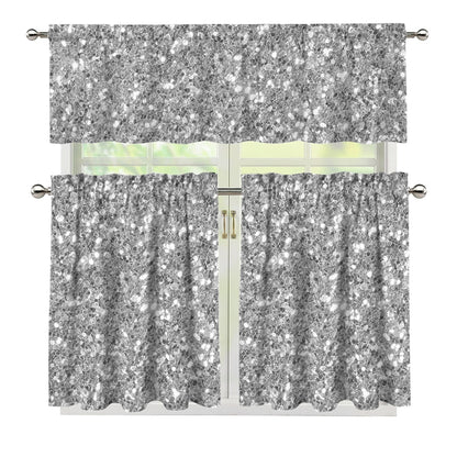Silver (NOT Real) Glitter Print 3 Piece Kitchen Curtains