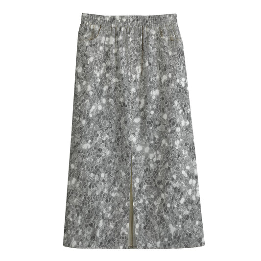Silver (NOT Real) Glitter Print Cotton Front Slit Maxi Skirt