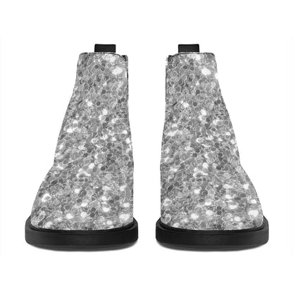 Silver (NOT Real) Glitter Print Flat Ankle Boots